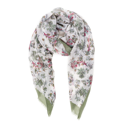 Spanish Design Printed Viscose Scarf (White Green Floral) - Melifluos