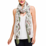 Spanish Design Printed Viscose Scarf (White Green Floral) - Melifluos